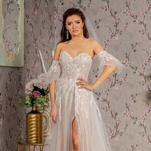 NEW FORMAL A-LINE WEDDING DRESS WITH REMOVABLE SLEEVES AND LACE UP BACK GL3427